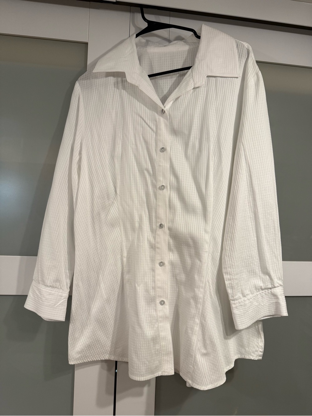 White Textured Long Sleeve Button-Up Shirt with black and white buttons